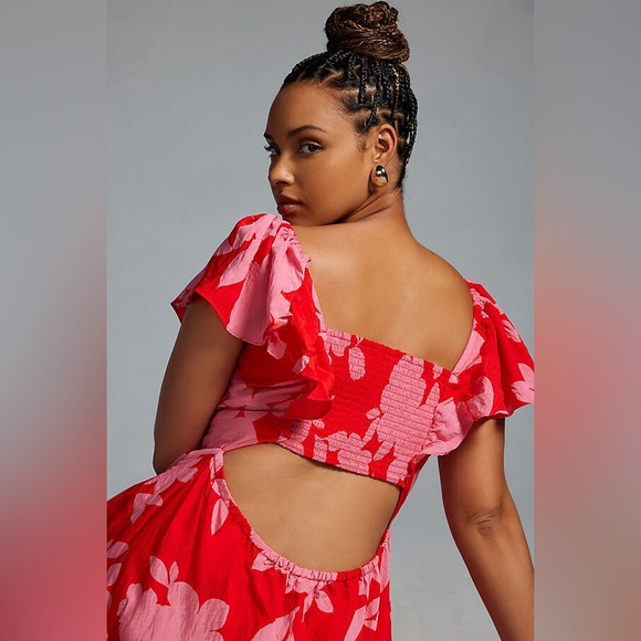 By Anthropologie Tiered Flutter-sleeve dress L - Picture 4 of 11